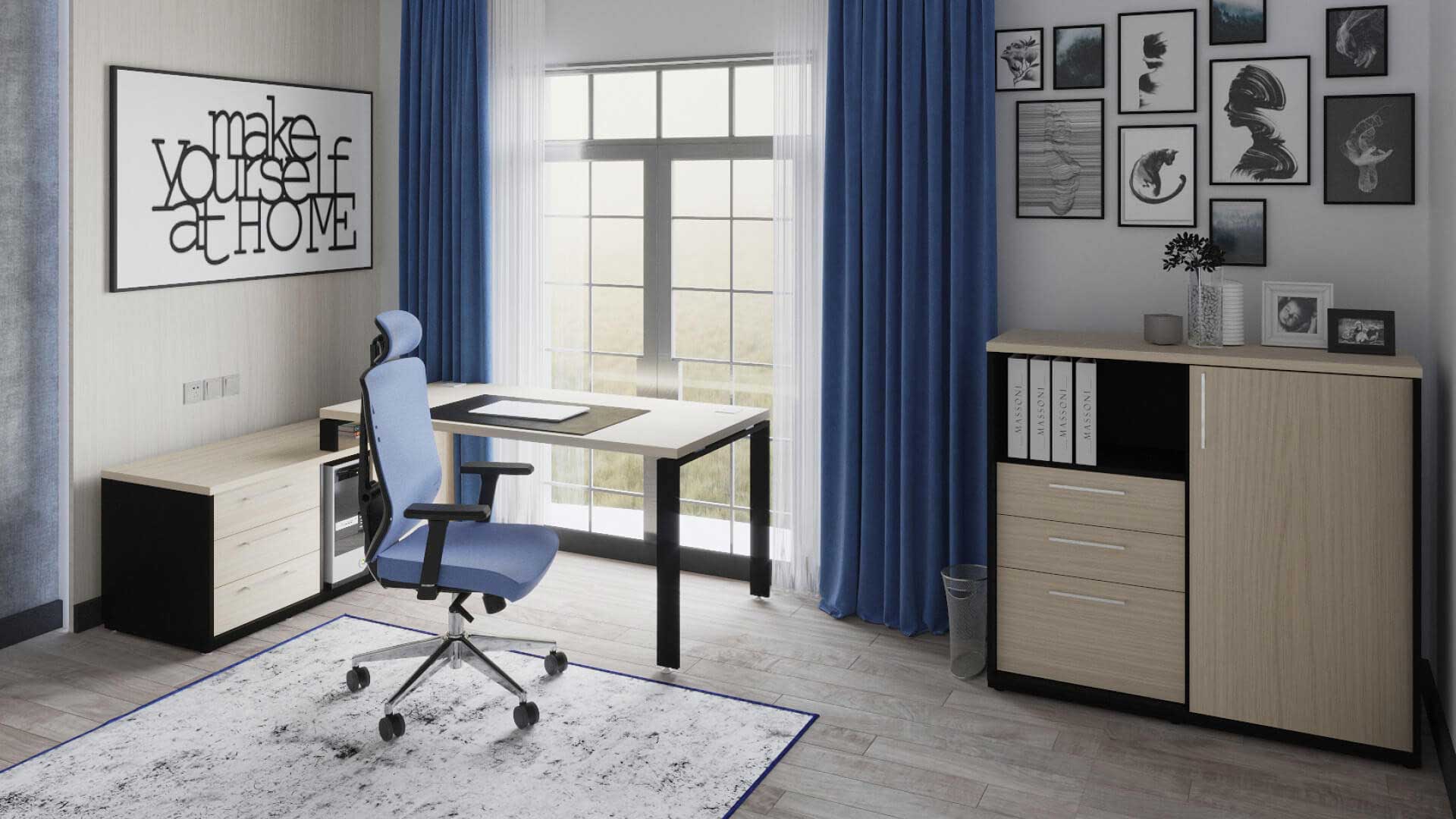 Aranżacja biura w domu - stanowisko pracy wyposażono w biurko oparte na komodzie, krzesło obrotowe oraz szafę na dokumenty.